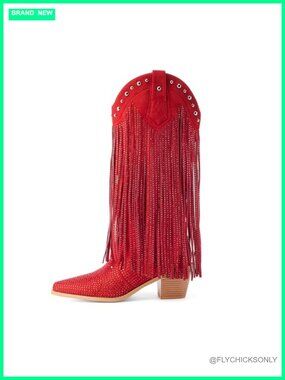 Rhinestone Fringe Western Cowboy Boots Pointed Toe Chunky Heel Pull On Mid Calf